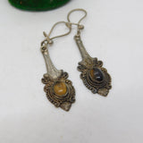 Pair of Sterling Silver Tigers Eye Cabochon Drop Earrings Vintage c1970