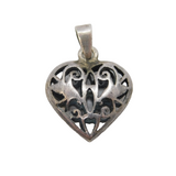 Sterling Silver Floral Pattern Heart Drop Charm Pendant Vintage c1970s