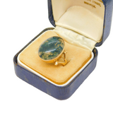19th Century Boxed 9ct Gold & Cabochon Moss Agate Signet Ring Antique c1880s
