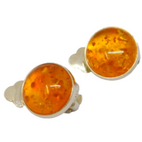 Pair of Sterling Silver Baltic Amber Cabochon Clip On Earrings Vintage c1970