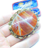 Large Victorian Rolled Gold Floral Framed Red Banded Agate Brooch Antique c1860
