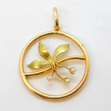 Edwardian 9ct Yellow Gold & Seed Pearl Floral Drop Pendant Antique c1910s