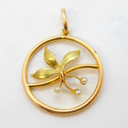 Edwardian 9ct Yellow Gold & Seed Pearl Floral Drop Pendant Antique c1910s