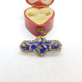 Victorian Sterling Silver, Diamond Paste & Blue Enamel Floral Brooch c1860