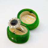 Silver Plated Black & Clear Crystal Cluster Ring Vintage c1970 Size J 1/2