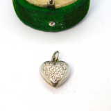 Sterling Silver Floral Puff Heart Charm Pendant Vintage c1970