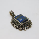 Sterling Silver Rectangular Lapis Lazuli Set Patterned Pendant Vintage c1970