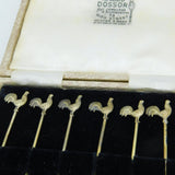 Edwardian Boxed Set of Sterling Silver Gilt Chicken Cocktail Sticks Antique