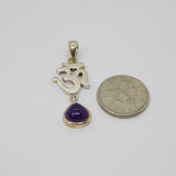 Sterling Silver Ohm Symbol & Amethyst Cabochon Drop Charm Pendant Vintage c1970