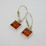 Pair of Sterling Silver Baltic Amber Square Hook Drop Earrings Vintage c1990
