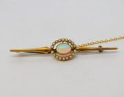 Edwardian 15ct Yellow Gold, Cabochon White Opal & Pearl Brooch Antique c1910
