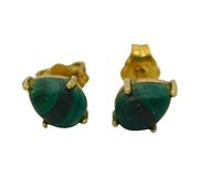 9ct Yellow Gold Pear Cut Malachite Stud Earrings Vintage c1970s