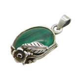 Sterling Silver & Malachite Set Floral Drop Pendant Vintage c1970