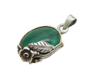 Sterling Silver & Malachite Set Floral Drop Pendant Vintage c1970