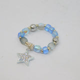 Sterling Silver Blue Beaded Stretch Star Charm Ring Contemporary c2010 Size M-O
