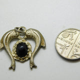 Sterling Silver and Onyx Twin Dolphins Charm Pendant Vintage c1970