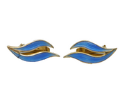 Aksel Holmsen Sterling Silver Gilt Blue Enamel Feather Clip-On Earrings Vintage