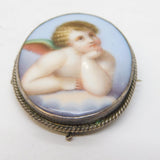 19th Century Sterling Silver Painted Porcelain Cherub Brooch Antique c1880s
