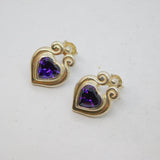 Pair of Sterling Silver Purple Crystal Heart Shape Stud Earrings Vintage c1990