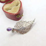 Sterling Silver & Amethyst Set Art Nouveau Leaf Form Brooch Vintage c1980