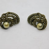 Pair of .800 Silver Marcasite & Pearl Deco Clip On Earrings Antique c1930