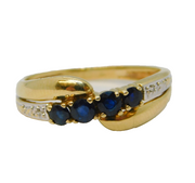9ct Yellow Gold, Four-Stone Sapphire & Diamond Dress Ring Vintage c1970