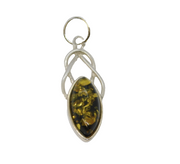 Sterling Silver Green Baltic Amber Ellipse Drop Pendant Vintage c1970