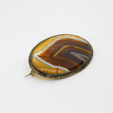 Sterling Silver Brown Banded Agate Oval Form Brooch Pin Antique c1930
