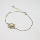 Sterling Silver Pearl & CZ Flower With Delicate Chain Bracelet Vintage c1990