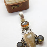 Sterling Silver Large Citrine & Agate Drop Charm Pendant Vintage c1970
