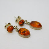 Pair of Sterling Silver Baltic Amber Oval & Round Stud Earrings Vintage c1970