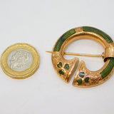 Victorian 9ct Gold & Connemara Marble Penannular Celtic Shamrock Brooch Antique