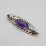 Sterling Silver Cabochon Amethyst Ellipse Modernist Brooch Pin Vintage c1970