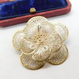 Sterling Silver & Gold Edged Filigree Flower Brooch Vintage c1970