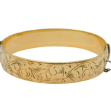 9ct Yellow Gold on Metal Core Floral Pattern Bangle Bracelet Antique c1930s