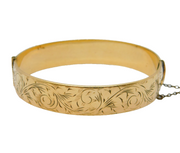 9ct Yellow Gold on Metal Core Floral Pattern Bangle Bracelet Antique c1930s