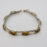 Sterling Silver & Mottled Yellow-Brown Enamel Panel Bracelet Vintage c1980s