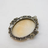 Sterling Silver Filigree Form Shell Cameo Drop Pendant Antique c1940 Deco