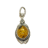 Sterling Silver Dainty Baltic Amber Patterned Oval Drop Pendant Vintage c1970