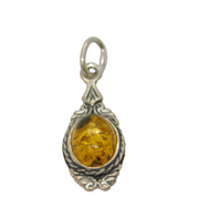 Sterling Silver Dainty Baltic Amber Patterned Oval Drop Pendant Vintage c1970