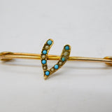 Edwardian 9ct Yellow Gold, Turquoise, Seed Pearl Wishbone Brooch Antique c1910