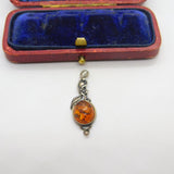 Sterling Silver and Baltic Amber Drop Charm Pendant Vintage c1970