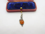 Sterling Silver and Baltic Amber Drop Charm Pendant Vintage c1970