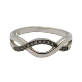 Sterling Silver CZ & Black Enamel Wavy Front Dress Ring Modern c1990 Size P 1/2