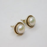 Pair of Sterling Silver Round Set Pearl Stud Earrings Contemporary c1990