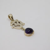 Sterling Silver Ohm Symbol & Amethyst Cabochon Drop Charm Pendant Vintage c1970