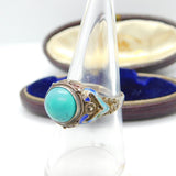 Chinese Sterling Silver Turquoise & Enamel Statement Ring Antique c1940 Deco