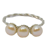 Sterling Silver Three Button Pearl Twisted Band Ring Vintage c1970 Size N 1/2