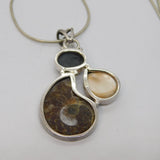 Sterling Silver Ammonite Fossil & Shell Studio Pendant Necklace Vintage c2000