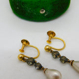 9ct Yellow Gold, Paste & Simulated Pearl Screw-Back Drop Earrings Antique c1920